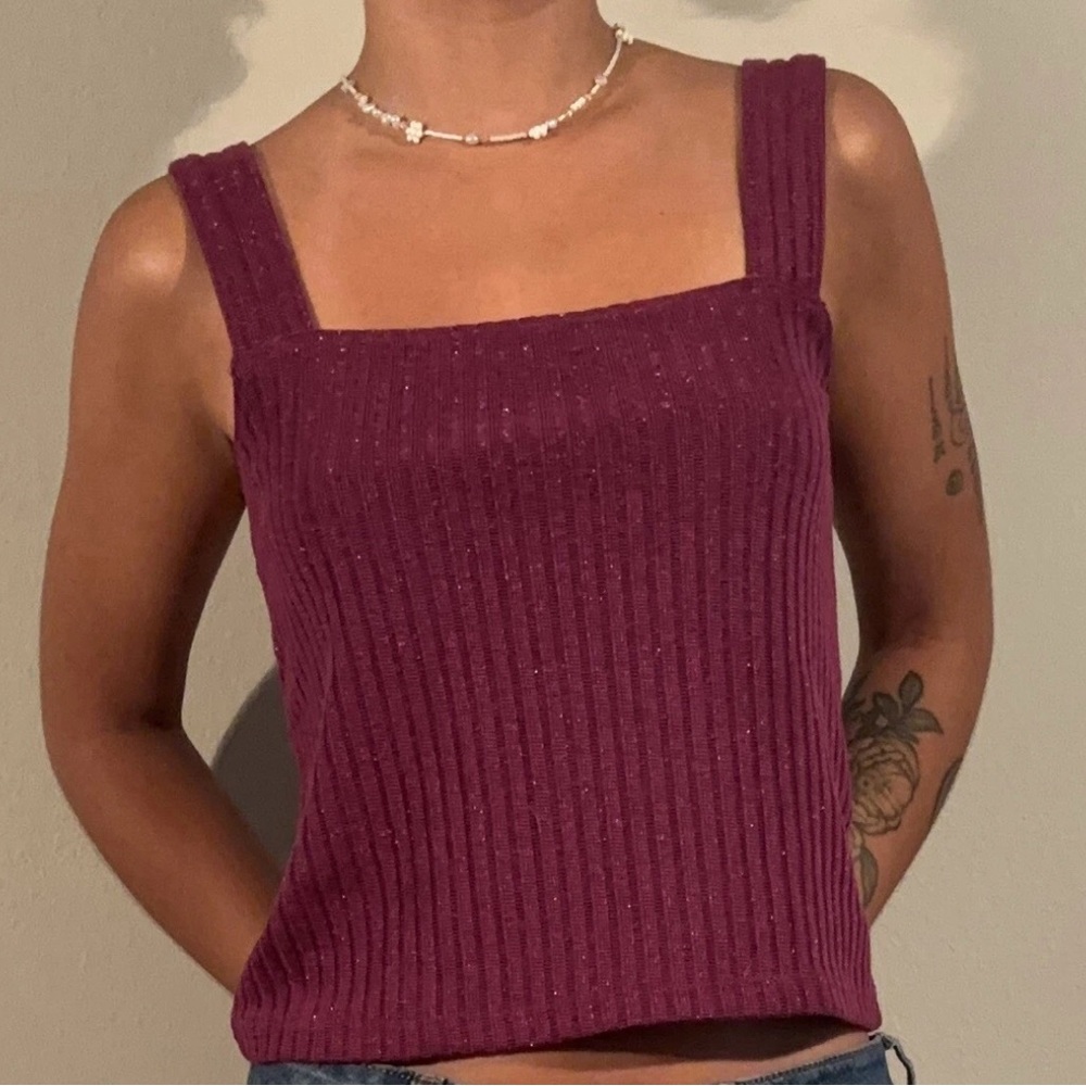 Anthropologie Tank Top Purple Sparkly Square Neck